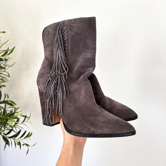 Dolce Vita Ileen Fringe Suede Pull On Pointed-Toe Heeled Boots Brown 10 - Picture 1 of 6